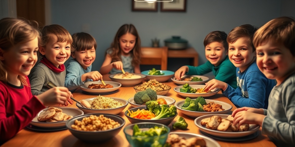 A cozy dining table where children serve themselves nutritious meals, reflecting the joy of making healthy choices together. 3.png