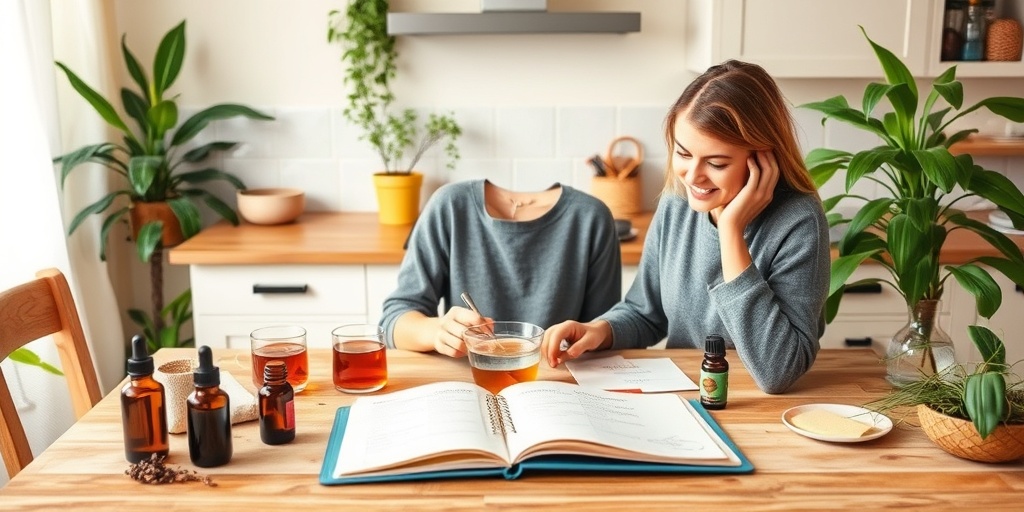 A cozy kitchen scene featuring home remedies for cyclic migraines, with herbal teas and essential oils promoting self-care.  4.png