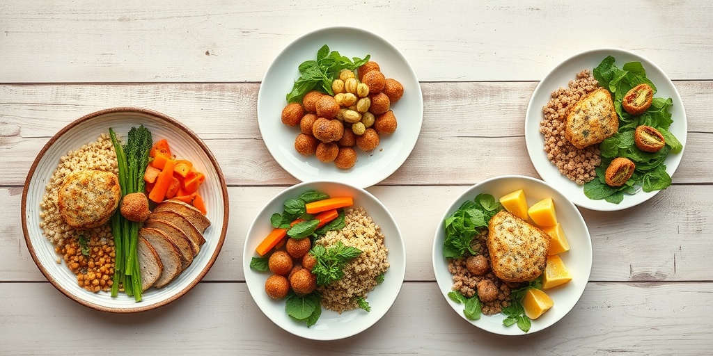 A creative display of balanced meals on a rustic table, highlighting vibrant vegetables and proteins in photorealistic detail.  3.png