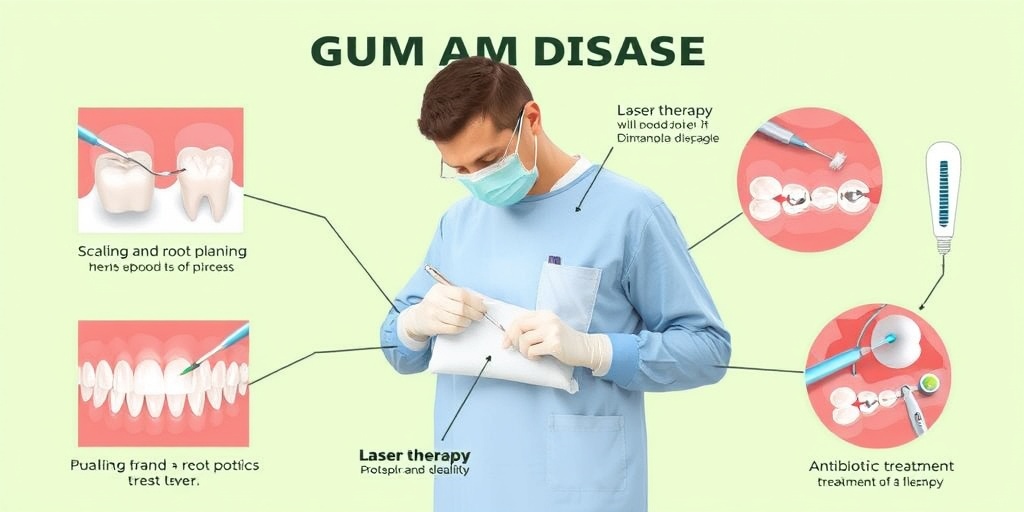 A dental professional performs gum disease treatments, showcasing tools and techniques in a bright, clinical setting.  4.png
