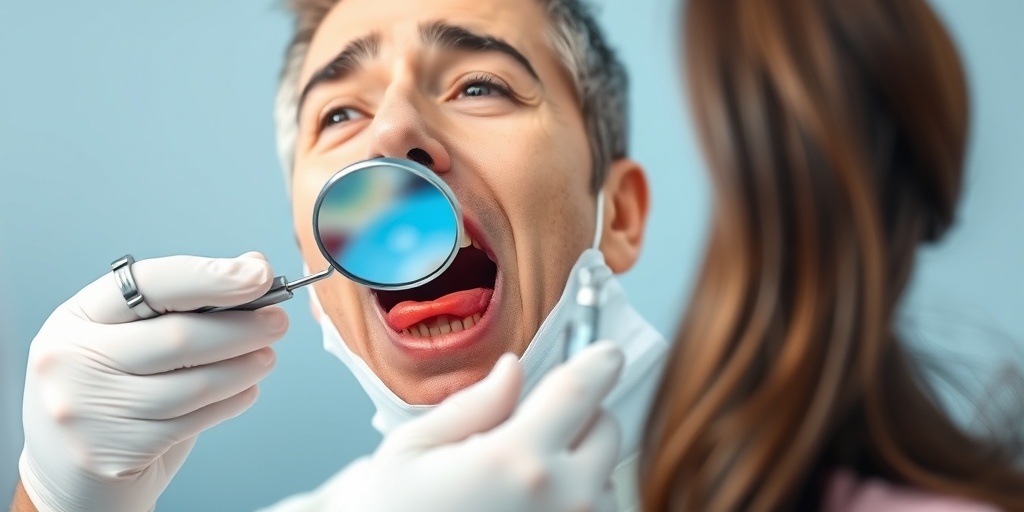 A dentist examines a patient's mouth, pointing out gum disease symptoms in a calm, blue-toned environment.  2.png