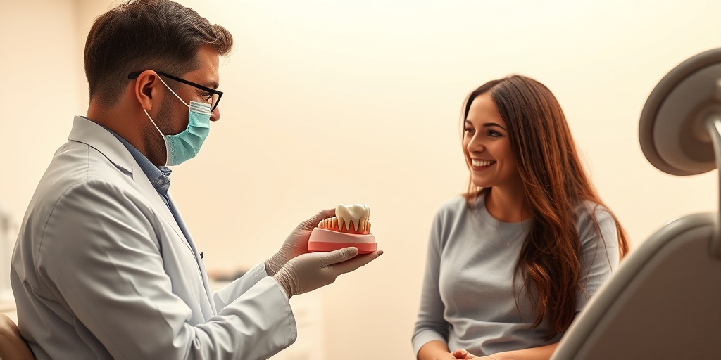 A dentist explaining treatment options to a patient in a modern dental office with a warm atmosphere.4.png