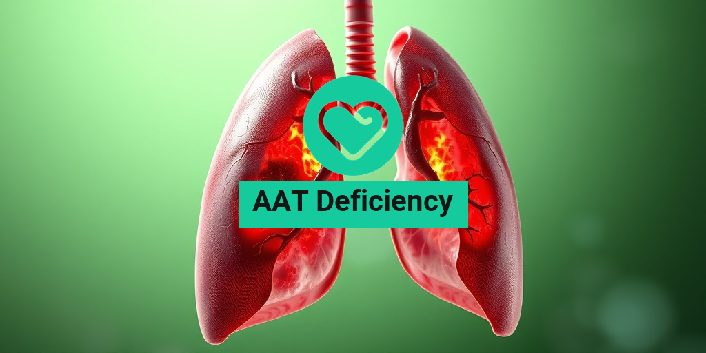 A detailed cross-section of a human lung illustrating damage from Alpha-1 Antitrypsin Deficiency against a calming green background. • Yesil Health AI
