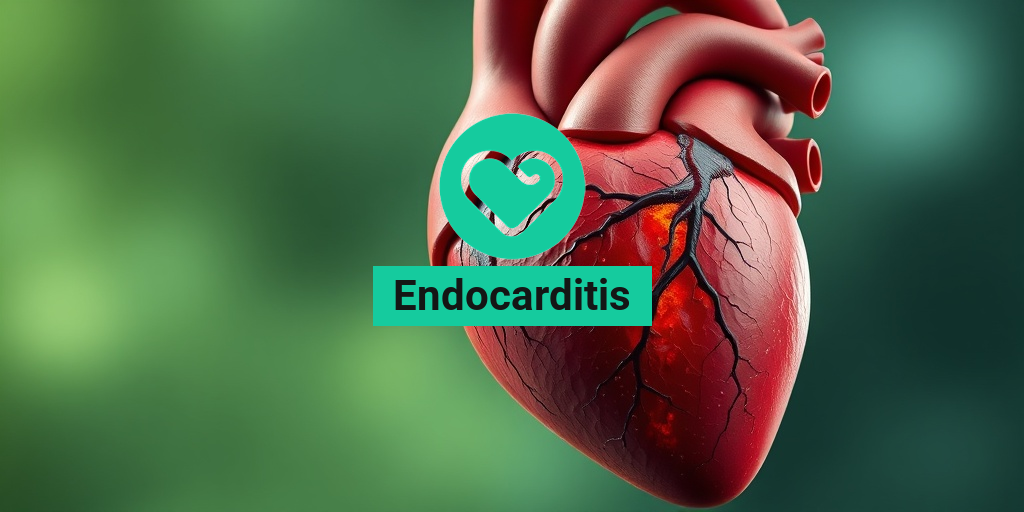 A detailed human heart illustration shows endocarditis signs, with inflamed valves against a serene green and blue background. • Yesil Health AI