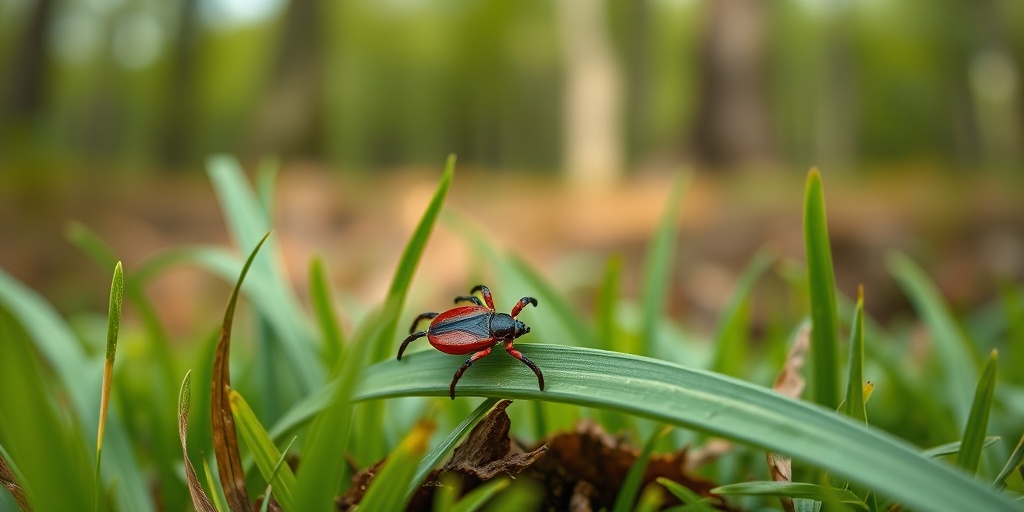 A detailed tick rests on a blade of grass, surrounded by vibrant greenery, symbolizing Lyme disease's natural habitat. 3.png