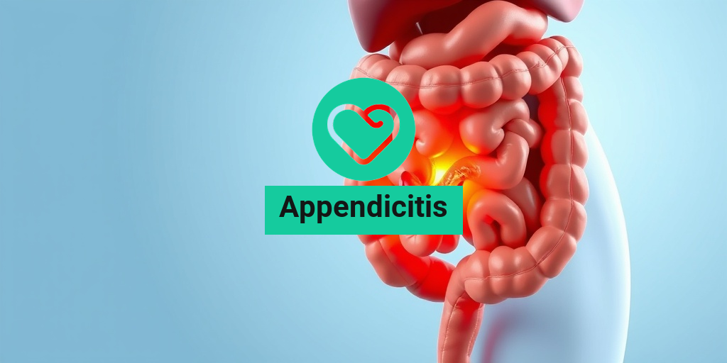 A detailed view of an inflamed appendix, highlighting surrounding organs with vivid colors representing inflammation and healthy tissue. • Yesil Health AI