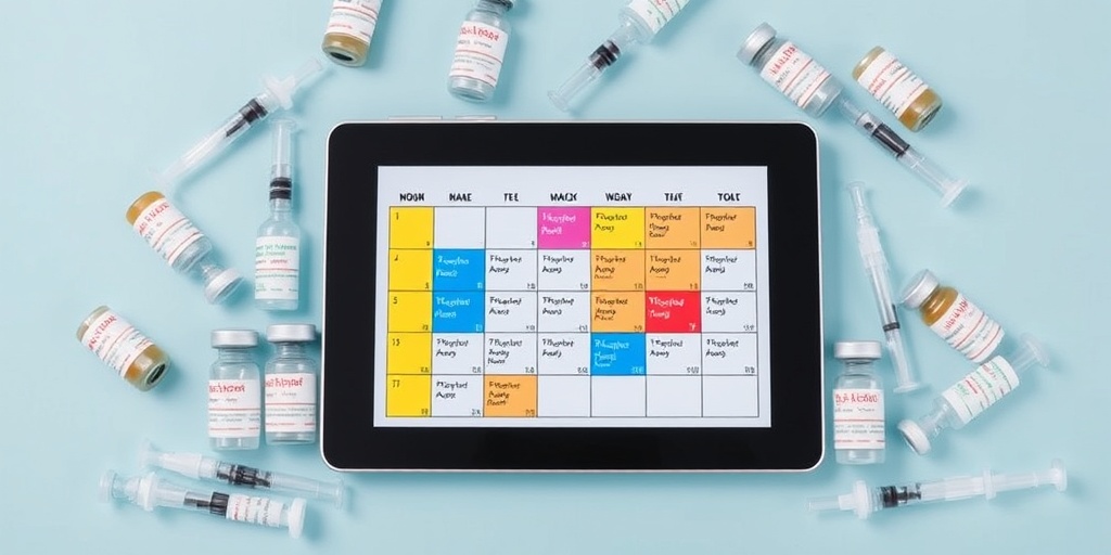 A digital tablet displays a colorful vaccination schedule, surrounded by neatly arranged vaccine vials and syringes.  2.png