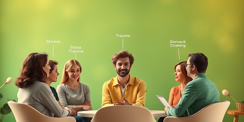 A diverse group discusses Ganser Syndrome risk factors, with charts subtly integrated into a hopeful, warm atmosphere.3.png