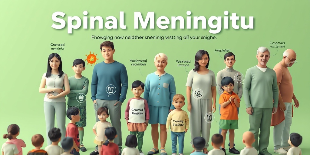 A diverse group illustrates spinal meningitis risk factors, highlighting crowded environments and vaccination gaps in a community setting.  3.png