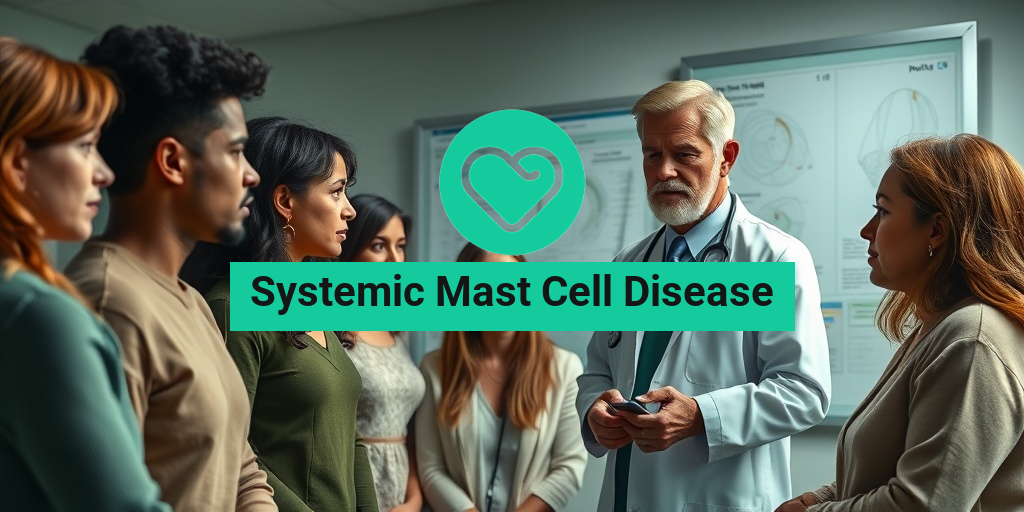 A diverse group in a clinical setting, with a doctor explaining Systemic Mast Cell Disease symptoms to a patient. • Yesil Health AI