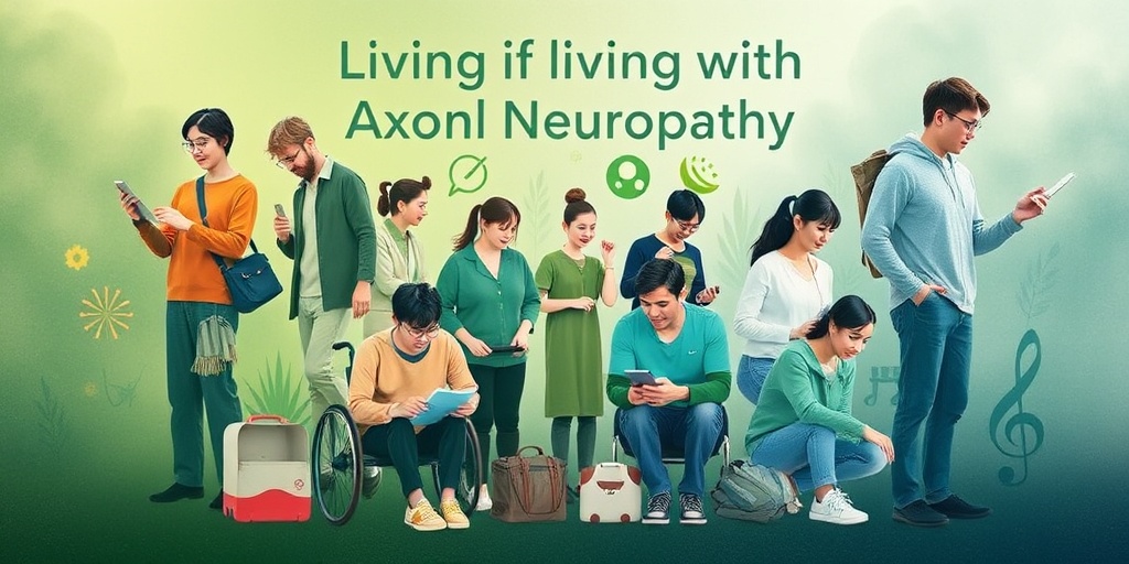 A diverse group of individuals managing Axonal Neuropathy, using adaptive tools in a supportive environment, showcasing resilience.  5.png