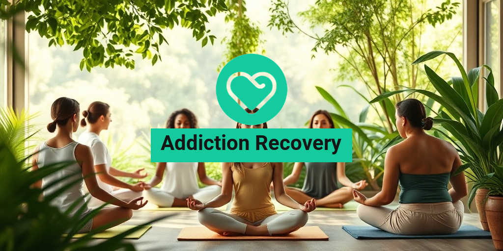 A diverse group practices yoga in a serene recovery center, surrounded by lush greenery and soft natural light. • Yesil Health AI