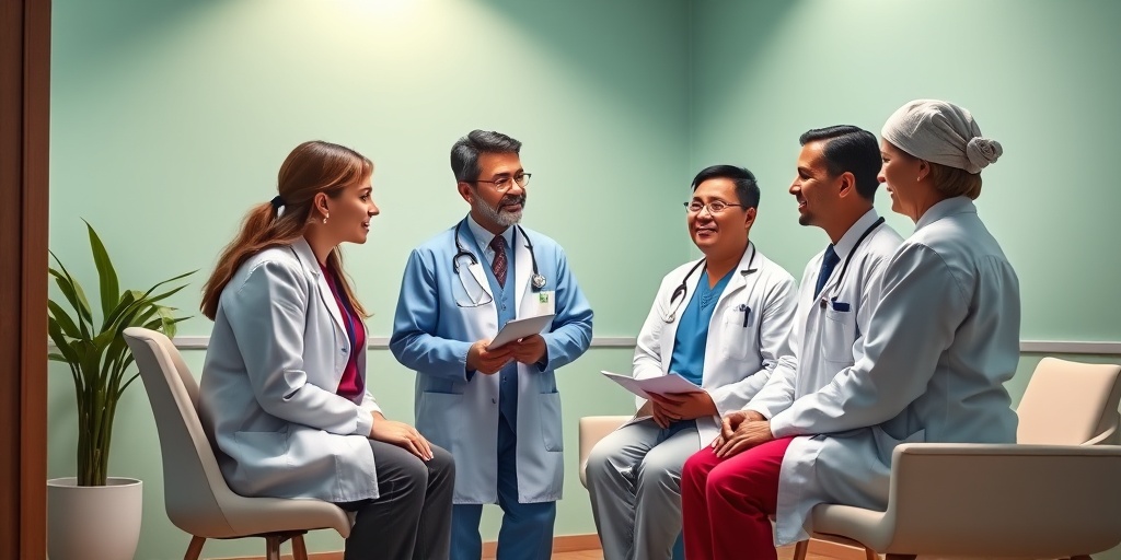 A diverse healthcare team compassionately discussing a lymphoma patient's prognosis in a warm, inviting consultation room.  5.png