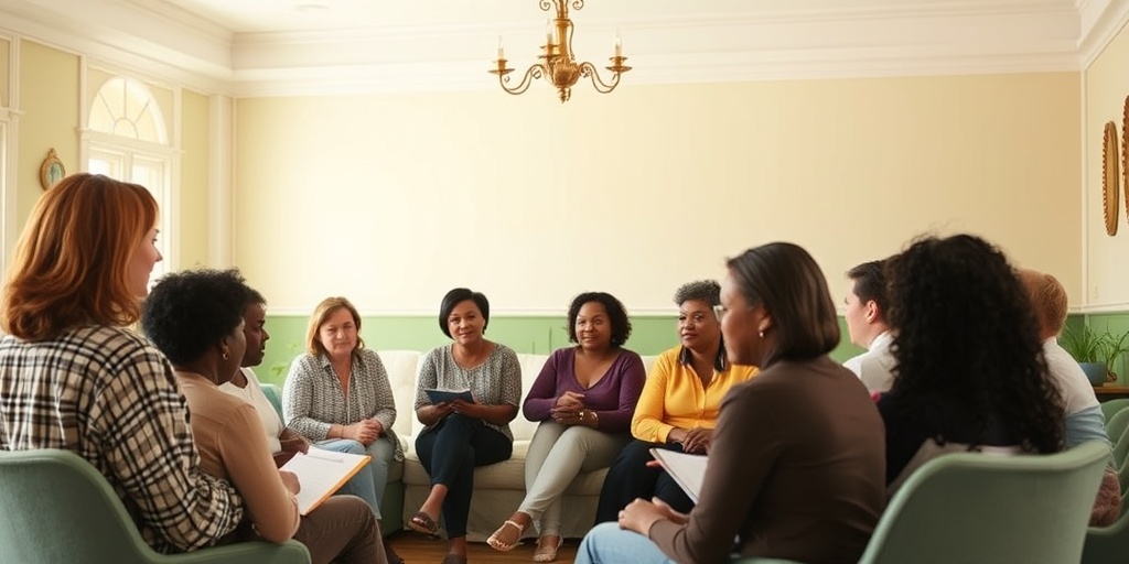 A diverse support group in a community center, fostering hope and connection in a warm, inviting atmosphere.  4.png