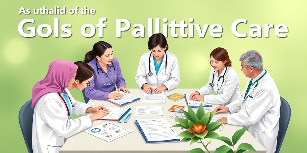 A diverse team collaborates on palliative care plans, emphasizing teamwork and patient-centered approaches in a calming environment. 2.png