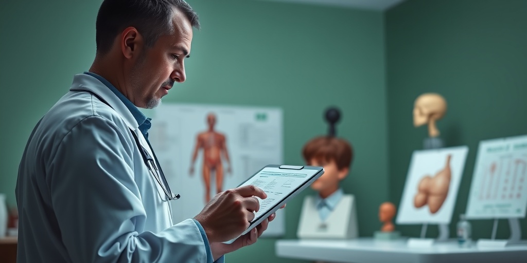 A doctor examines a child's medical history on a tablet, surrounded by anatomical models in a bright, clinical setting.  3.png