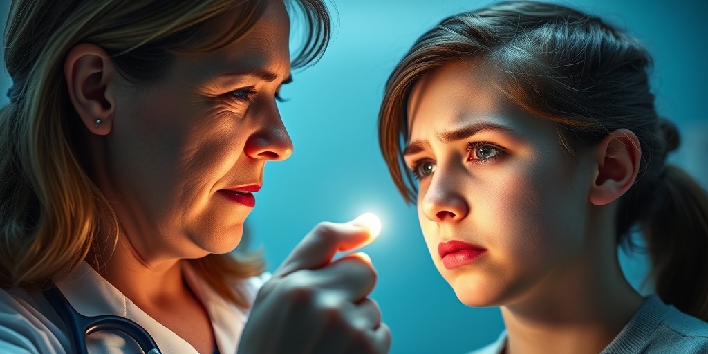 A doctor examines a distressed teenager, using a penlight to check for spinal meningitis symptoms in a bright room.  2.png