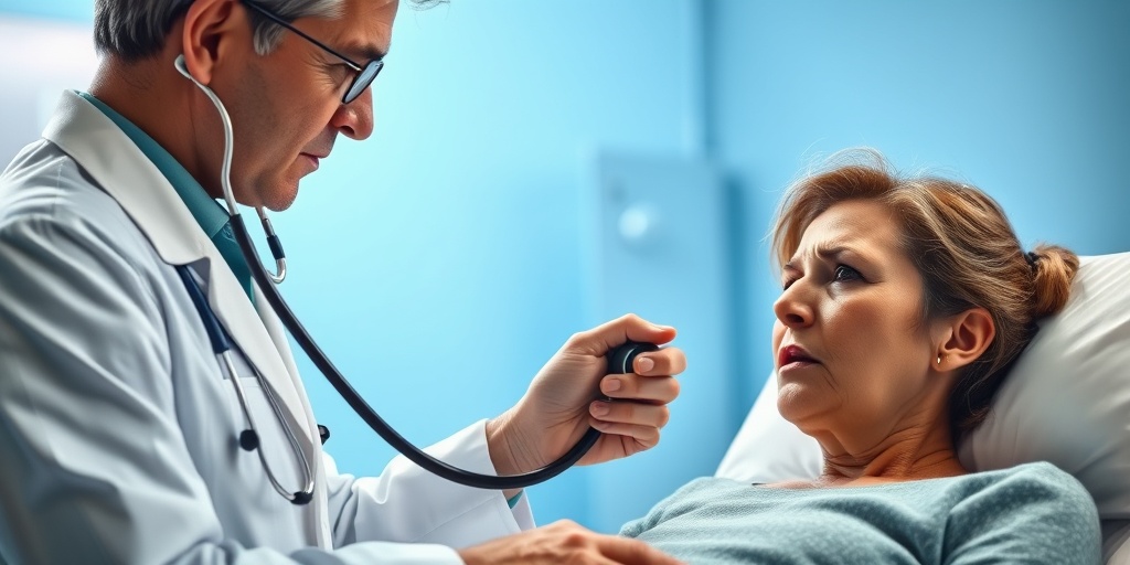 A doctor examines a patient showing signs of shock, emphasizing care and professionalism in a clinical setting.  4.png