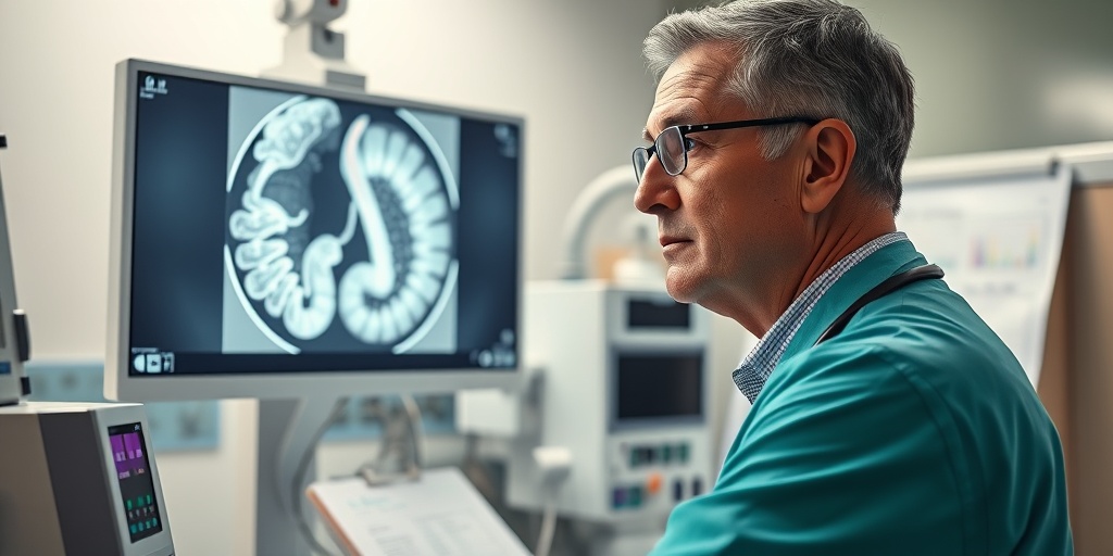 A doctor intently examining a colonoscopy image, surrounded by medical equipment, highlighting the seriousness of colorectal cancer diagnosis.  3.png