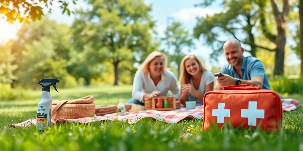 A family enjoys a picnic in a park, with insect repellent and a first aid kit, promoting Lyme disease prevention. 5.png