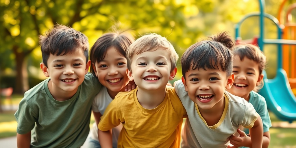 A group of children plays in a park, one recovering from mumps, radiating joy and support from friends.  5.png