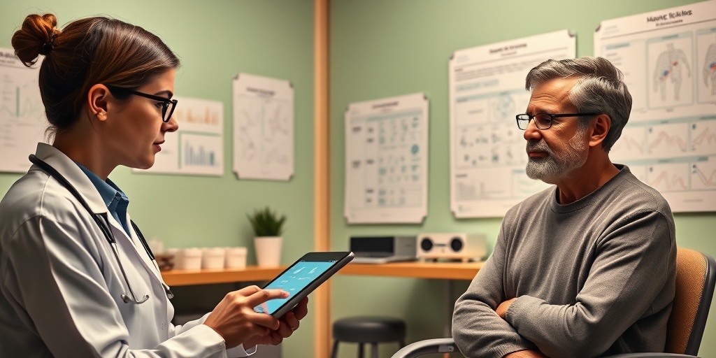 A healthcare professional discusses cyclic migraine symptoms with a patient in a warm, inviting clinic setting.  3.png