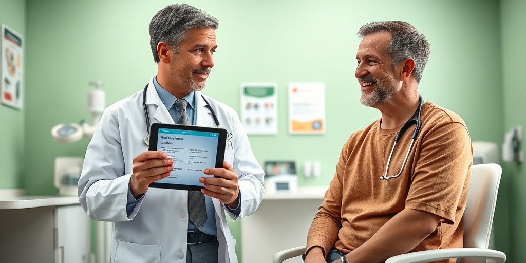 A healthcare professional discusses treatment options with a hopeful patient, surrounded by medical equipment in a bright, green clinic.  4.png