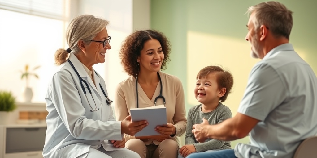 A healthcare professional discusses treatment options with a patient and family in a modern clinic, radiating warmth and support.  4.png