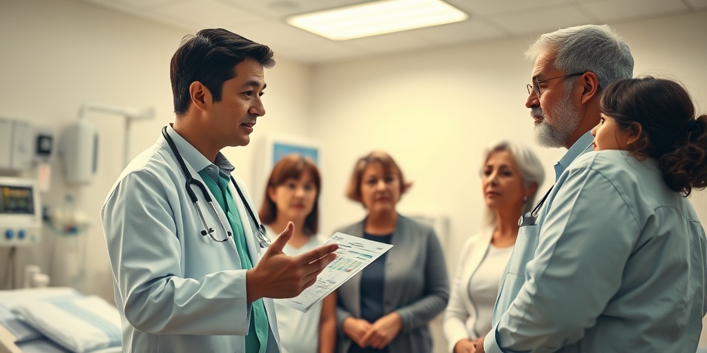 A healthcare professional explaining treatment options to a concerned family in a hospital room.  4.png