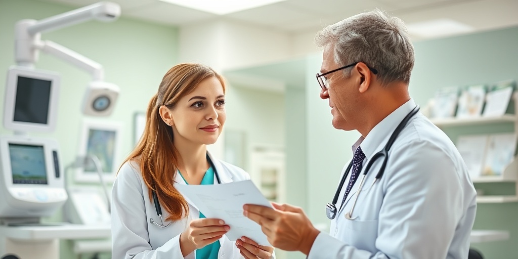 A healthcare professional explains KTW Syndrome treatment options to a patient in a bright, modern clinic filled with medical resources.4.png