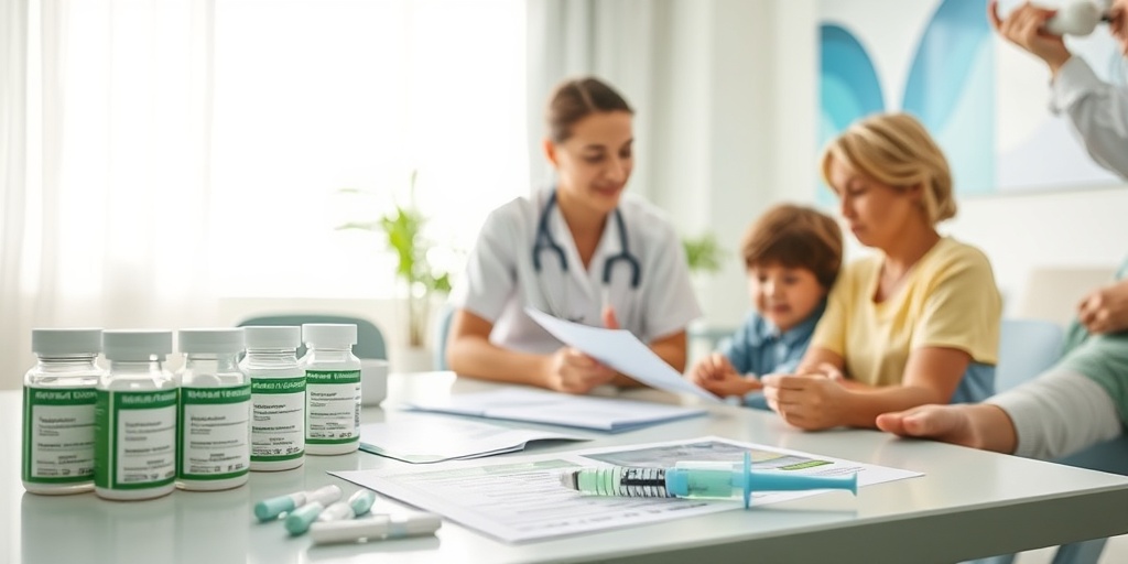 A healthcare provider explains mumps treatment options to a family, with medications and pamphlets on display.  4.png