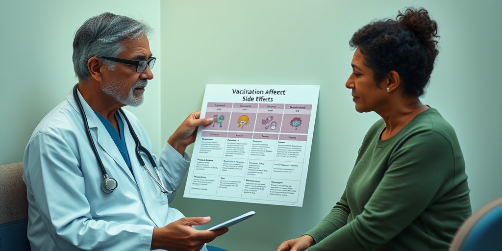 A healthcare worker discusses vaccination side effects with a concerned parent, fostering empathy and understanding in a calming room.  4.png
