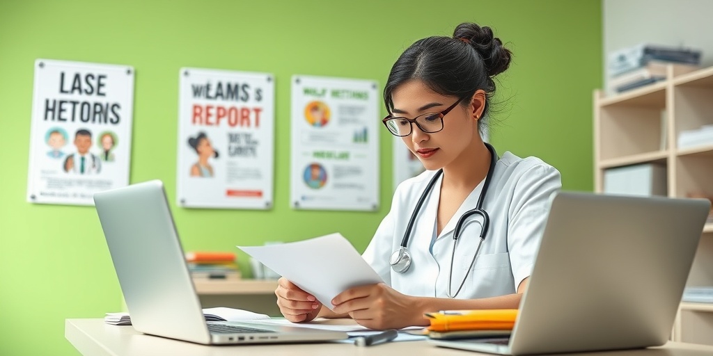 A healthcare worker meticulously fills out an incident report in a well-organized office space. 4.png