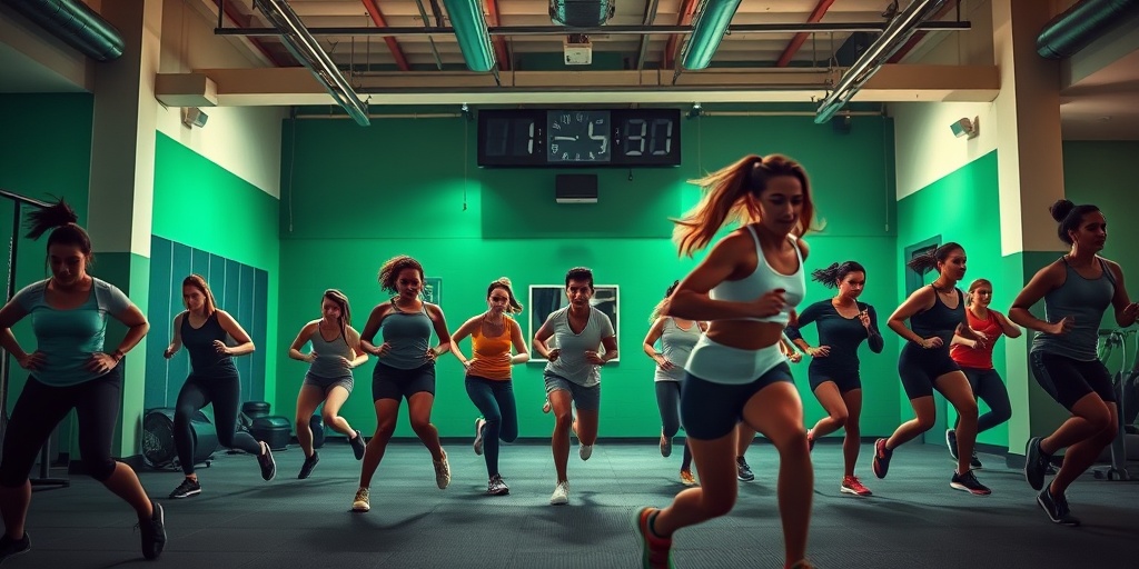 A high-intensity interval training session captures participants performing burpees and sprints, with a motivational countdown clock in the background.3.png