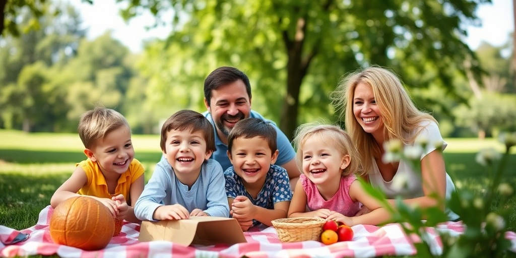 A joyful family picnic in a park, with a child with MPS I playing, surrounded by greenery and laughter.  4.png
