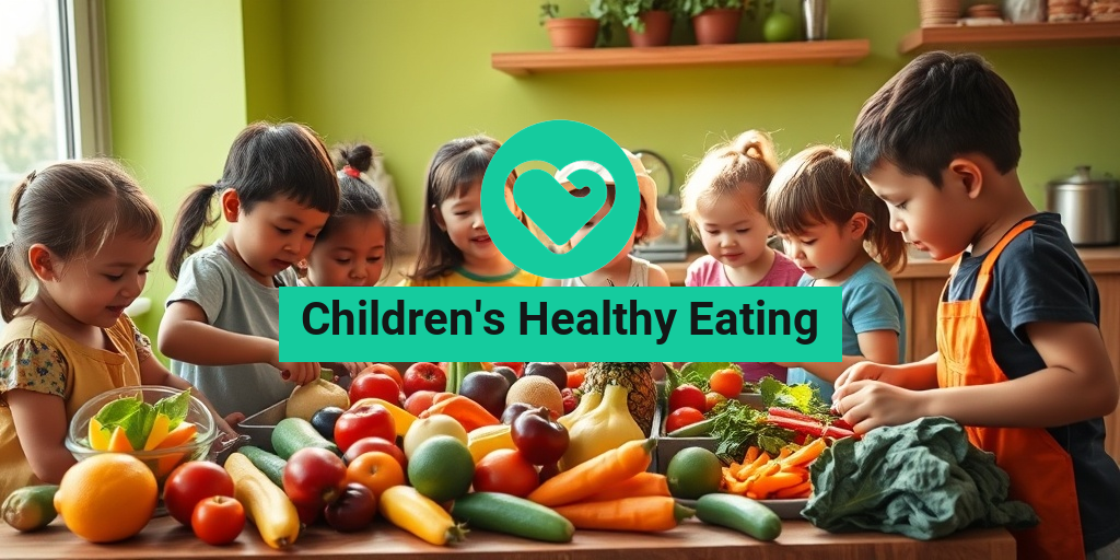 A lively kitchen scene with children joyfully preparing fresh fruits and vegetables, showcasing teamwork and creativity. • Yesil Health AI
