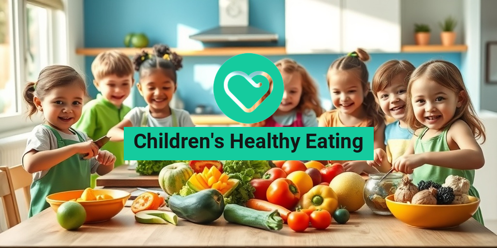 A lively kitchen scene with children joyfully preparing fresh fruits and vegetables, showcasing their excitement for healthy eating. β’ Yesil Health AI