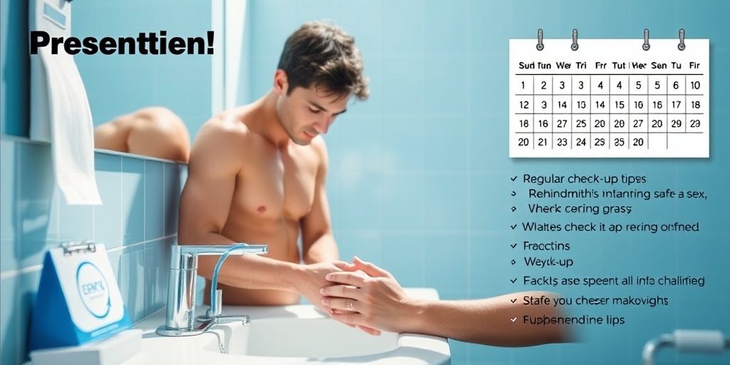 A male figure practices safe sex and hygiene in a bright bathroom, emphasizing prevention tips against a fresh blue backdrop.  5.png
