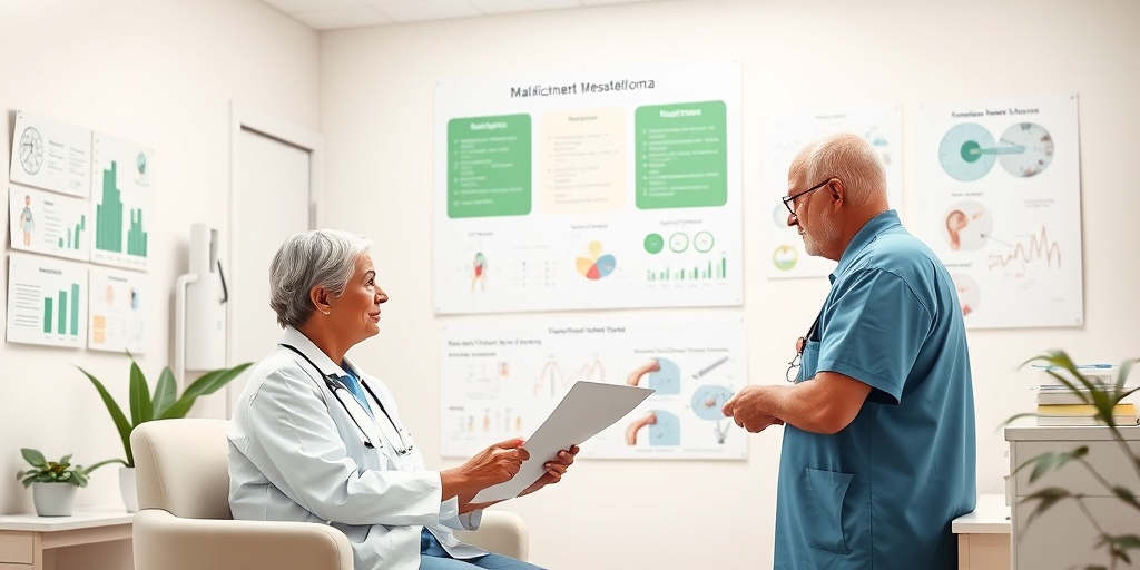 A medical professional discussing treatment options for malignant mesothelioma with a patient, surrounded by informative charts and diagrams.  4.png
