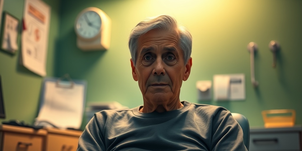 A middle-aged patient in a doctor's office, displaying fatigue and concern, surrounded by calming green walls.  2.png