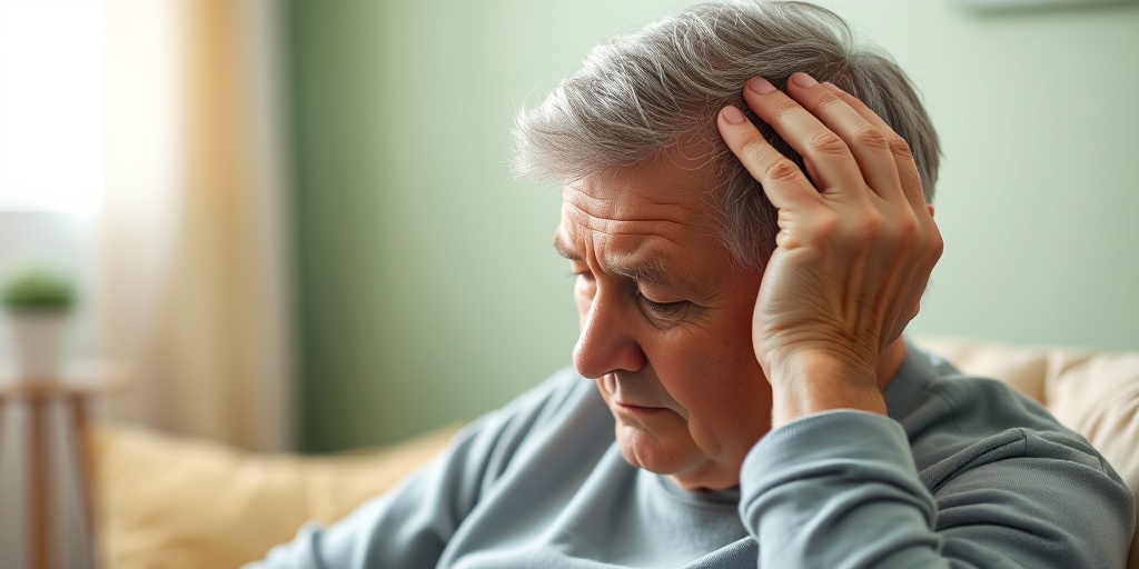 A middle-aged person holds their head in distress, surrounded by calming colors, reflecting brain cancer symptoms.2.png