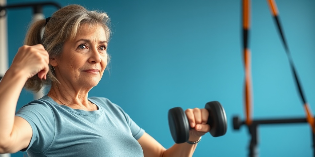 A middle-aged woman lifts light dumbbells in a tranquil setting, embodying determination and strength in her COPD journey.  4.png