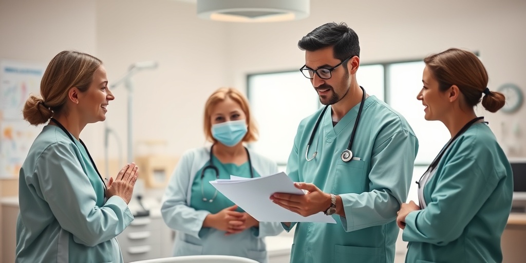 A multidisciplinary healthcare team collaborating on treatment options for arhinencephaly in a well-lit hospital room.  4.png