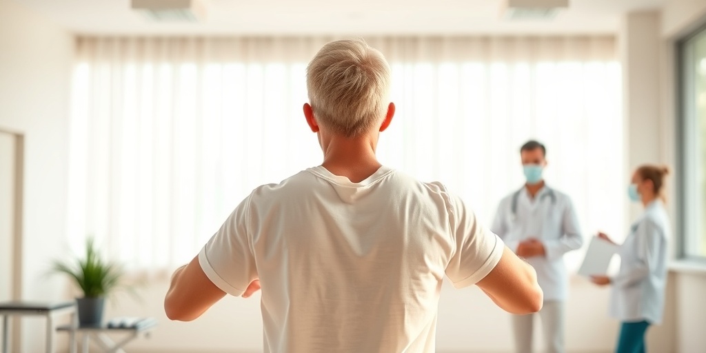 A patient engages in rehabilitation exercises, surrounded by supportive professionals in a bright, healing therapy room.  5.png