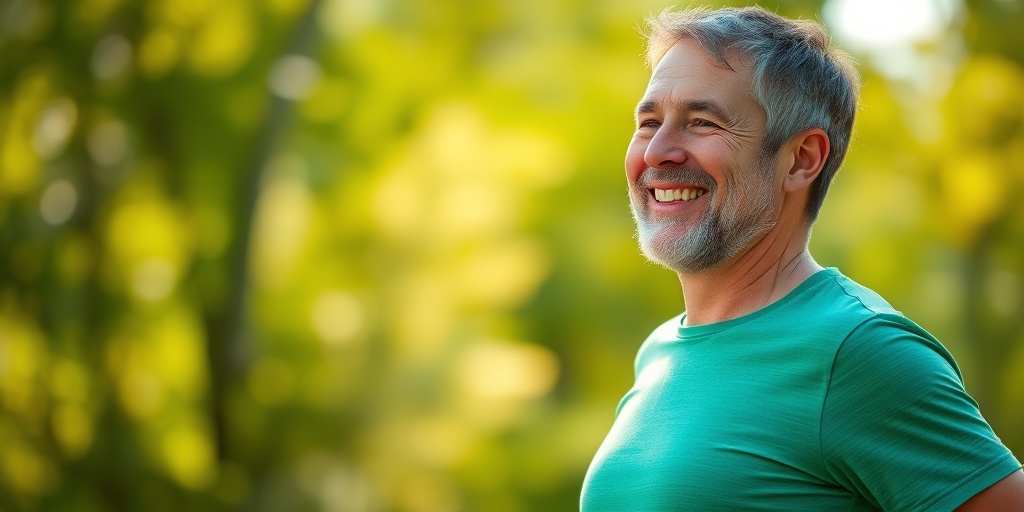 A patient exercises outdoors, embodying a healthy lifestyle, with vibrant greens and blues symbolizing hope and vitality. 5.png