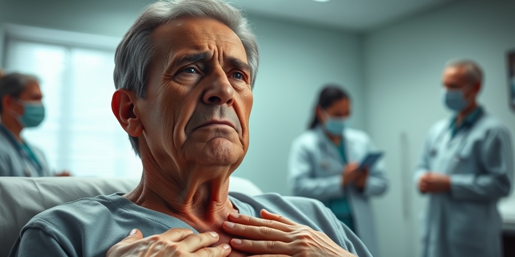 A patient in a clinical setting, expressing concern over chest pain and breathing difficulties, surrounded by attentive medical professionals.  2.png