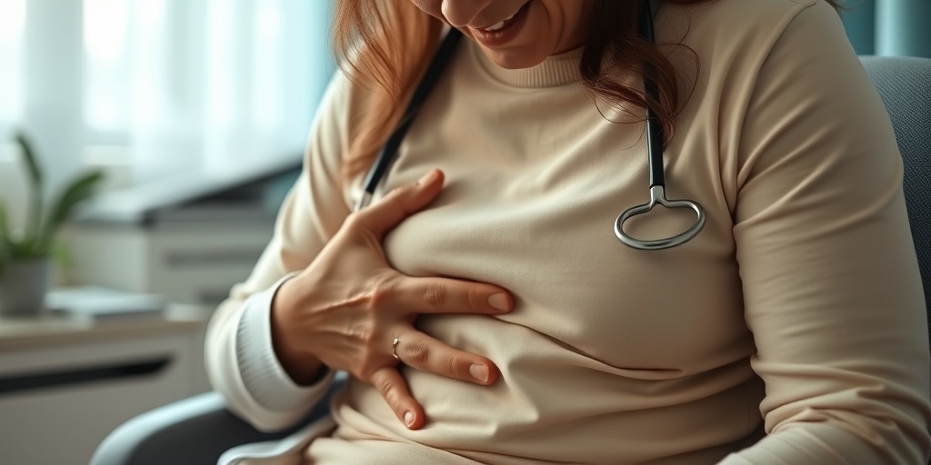 A patient in a doctor's office, visibly distressed, holding their abdomen while seeking help for colorectal cancer symptoms.  2.png