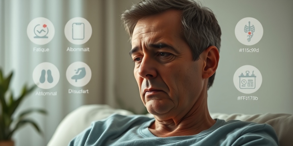 A patient reflects on liver cancer symptoms in a softly lit room, surrounded by visual elements representing fatigue and discomfort.  2.png