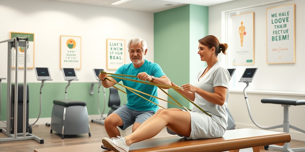 A patient uses resistance bands for knee strengthening, guided by a supportive therapist in a modern rehabilitation center.  4.png