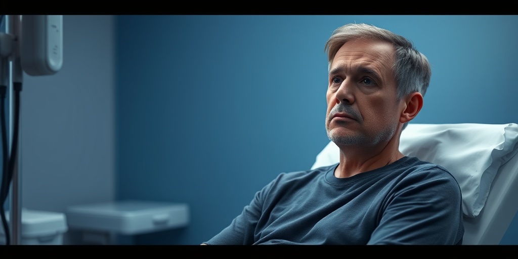 A patient with AAT Deficiency shows concern in a clinical setting, illuminated by soft blue lighting, capturing emotional weight. 2.png